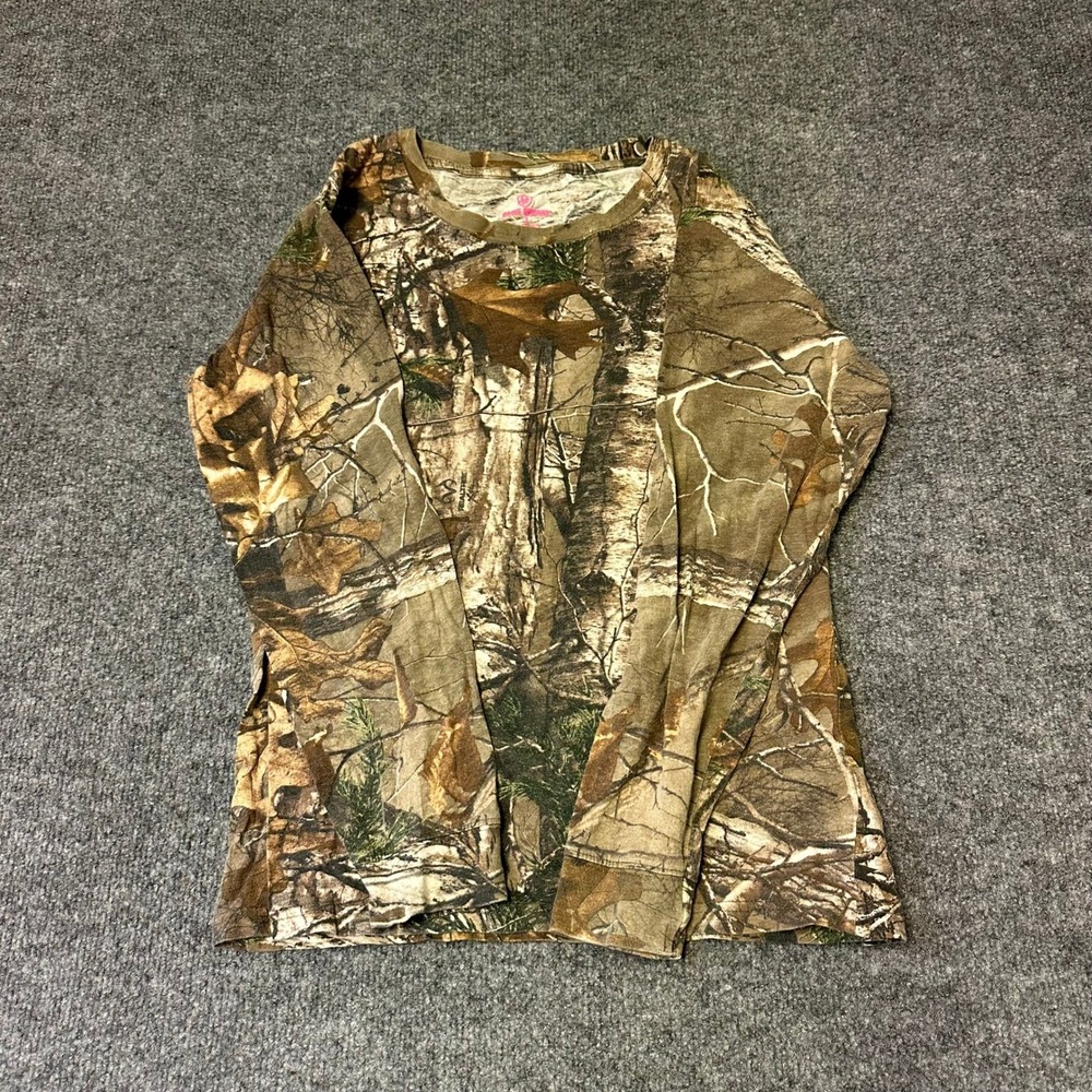 Game Winner Shirt Womens Size L Brown RealTree Camo Long Sleeve Cotton Outdoor